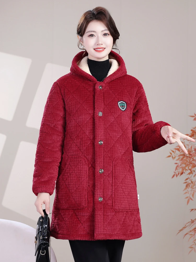 

Thiened Fce Warm Cotton Jaet Home Leisure Loose Sle Mid-Length Coat for Mom Autumn Winter New Arrival Women's Coat
