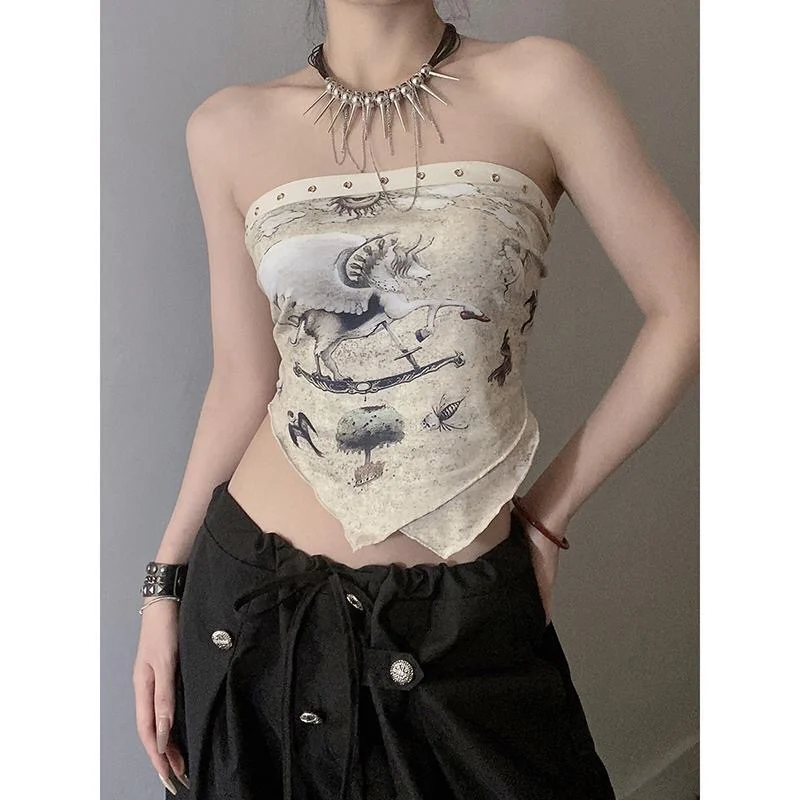 توب نسائي مثير بدون حمالات بتصميم ريترو كورت، بخصر غير متماثل ومشدود، مكشوف الظهر، عصري لصيف أنيق #3