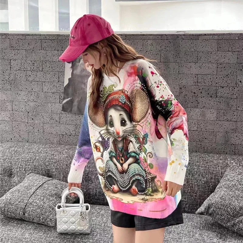 2024 Autumn Winter New Hot Diamond Tie-dye Cartoon Sweaters Women Loose Fashion Top Round Neck Pullover Long-sleeved Sweater