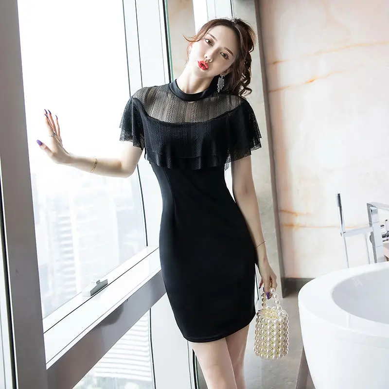 Korean Style Small Black Skirt Elegant Ruffled Mesh Spliced hip-packing Slim Short-sleeved Dress for Women