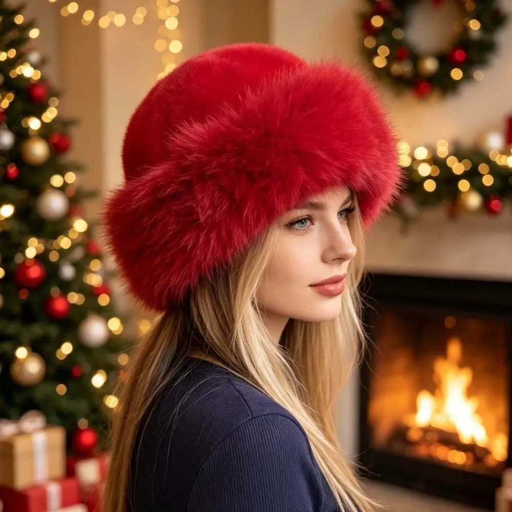 Xmas Party Headwear Faux Fur Christmas Fur Hat Round Top Fleece Lined Fluffy Trapper Cap Windproof Thick Bucket Hats Teens