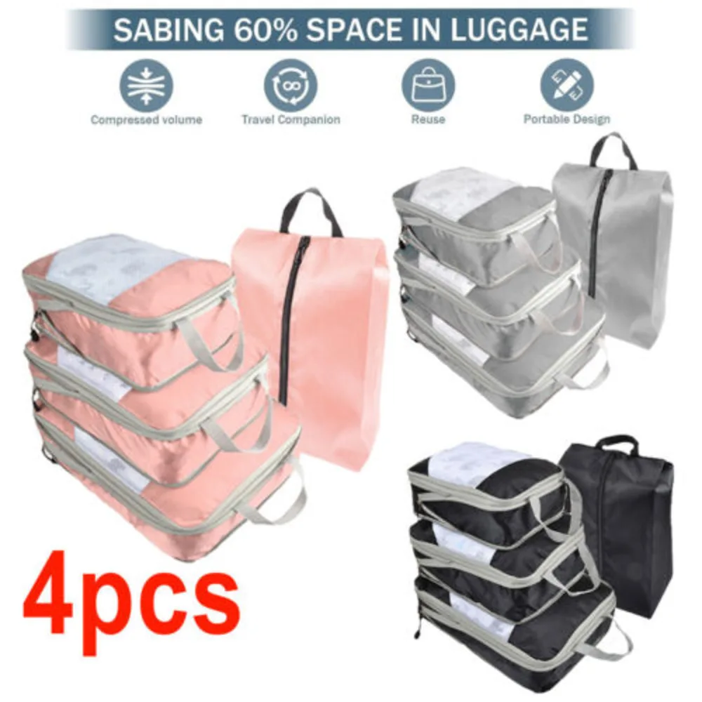 4PCS Packing Cubes Lage Storage Organiser Travel Compression Suitcase Bags