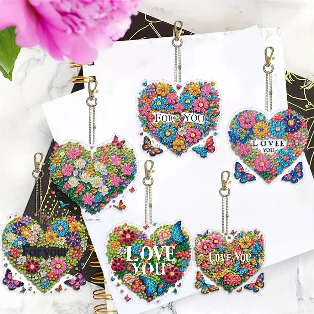 

6Pcs Acrylic Double Sided Heart Flower Diamond Art Keyring Diamond Painting Keychain Diamond Art Craft Keychain for Bag Backpack