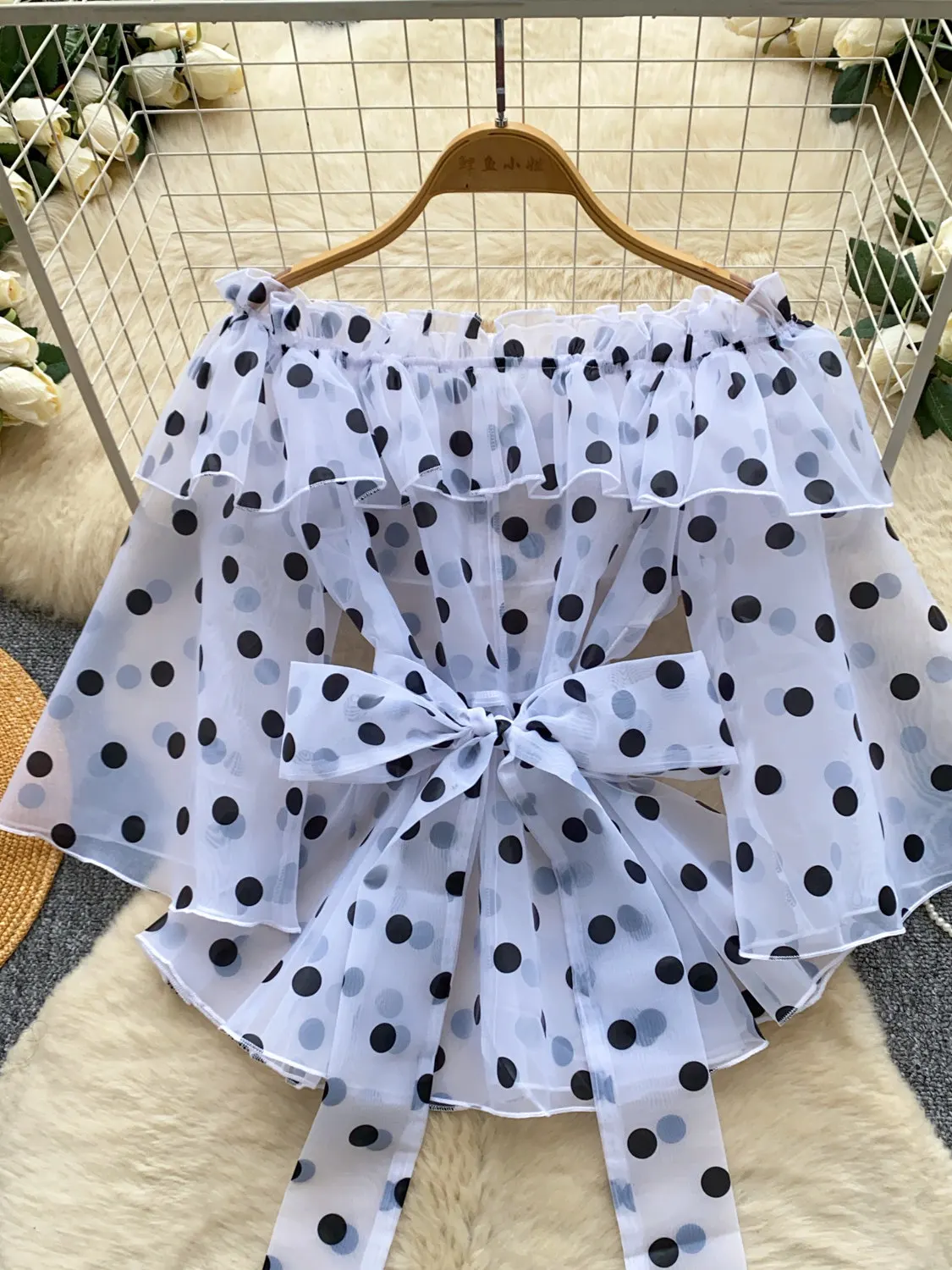 French Fashion Polka Dot Off Shoulder Ruffled Shirt Women Summer Bow Ribbon Slimming Versatile Daily Office Street Women Top