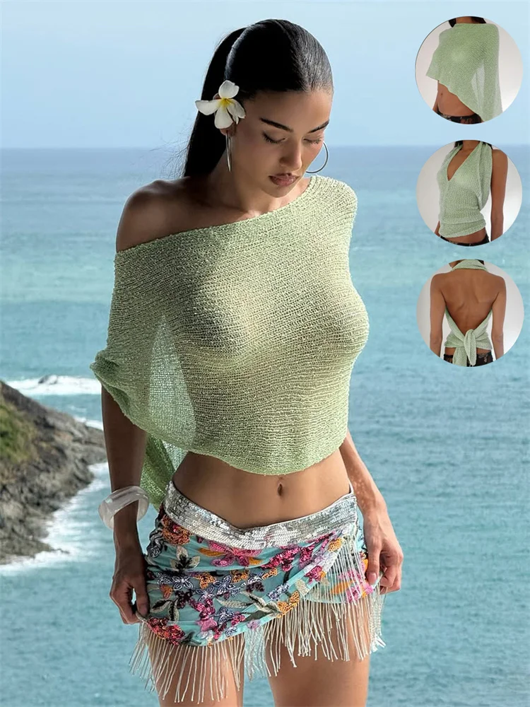 

Tossy Female Sexy Knit Sweater Pullover Cover up See-Through Beach Holiday Party Looks Cropped Y2k Top Women's Knitwear Vest Top