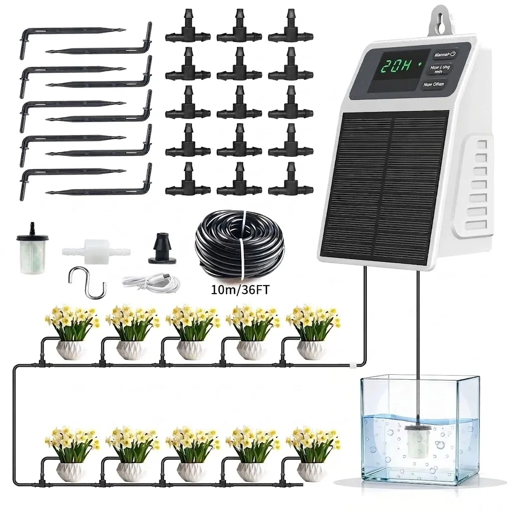 Verbessertes Solar-Tropfbewässerungssystem, automatische Bewässerung von Pflanzen, Zubehör für Haus, Garten, Balkon, Gewächshaus, Hängepflanzen-Set – Detail 1
