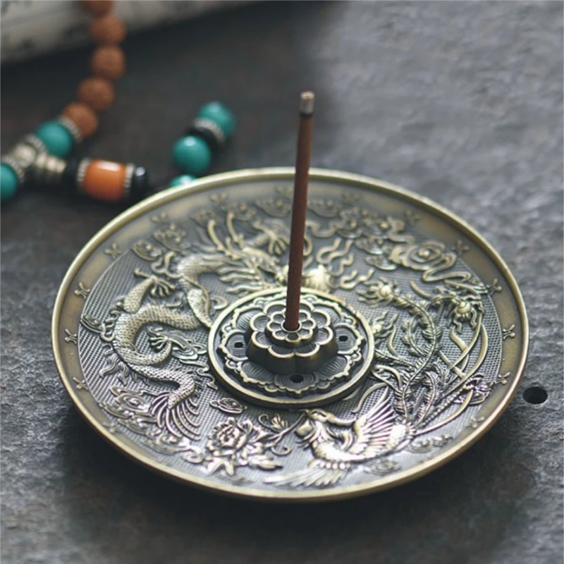 10cm Metal Dragon Carving Pattern Disc with Incense Holder Sandalwood Stick Incense Burner Durable Alloy Ash Catcher Home Decor