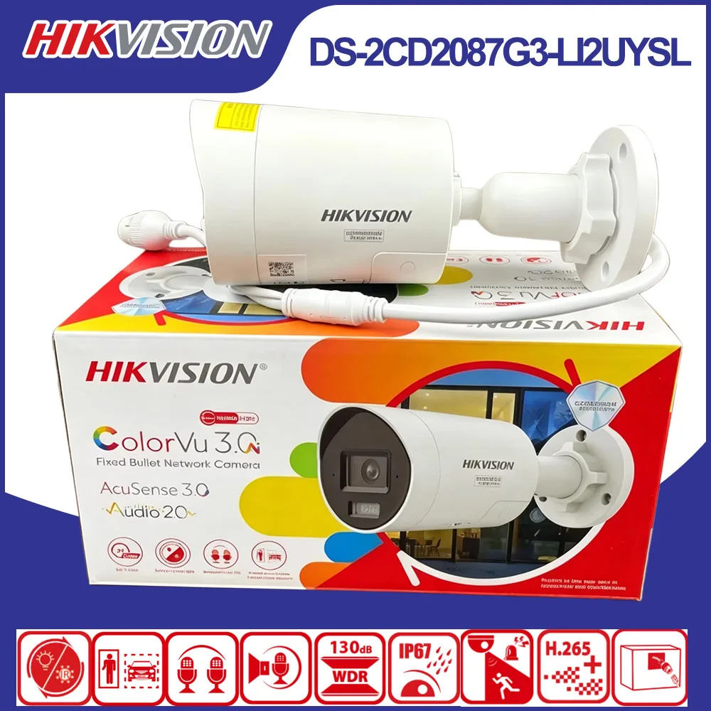 Hikvision DS-2CD2087G3-LI2UY/SL 8MP 4K ColorVu Bullet IP Camera PoE Smart Hybrid Light Two-Way Audio AI Human Vehicle Detect