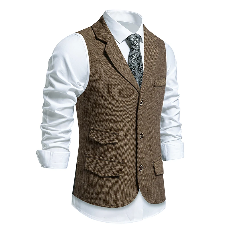 New Men's Lapel Multi-Pockets Vest Fashion Herringbone Coarse Tweed Suit Vest British Casual Vintage Gentleman Leisure Party