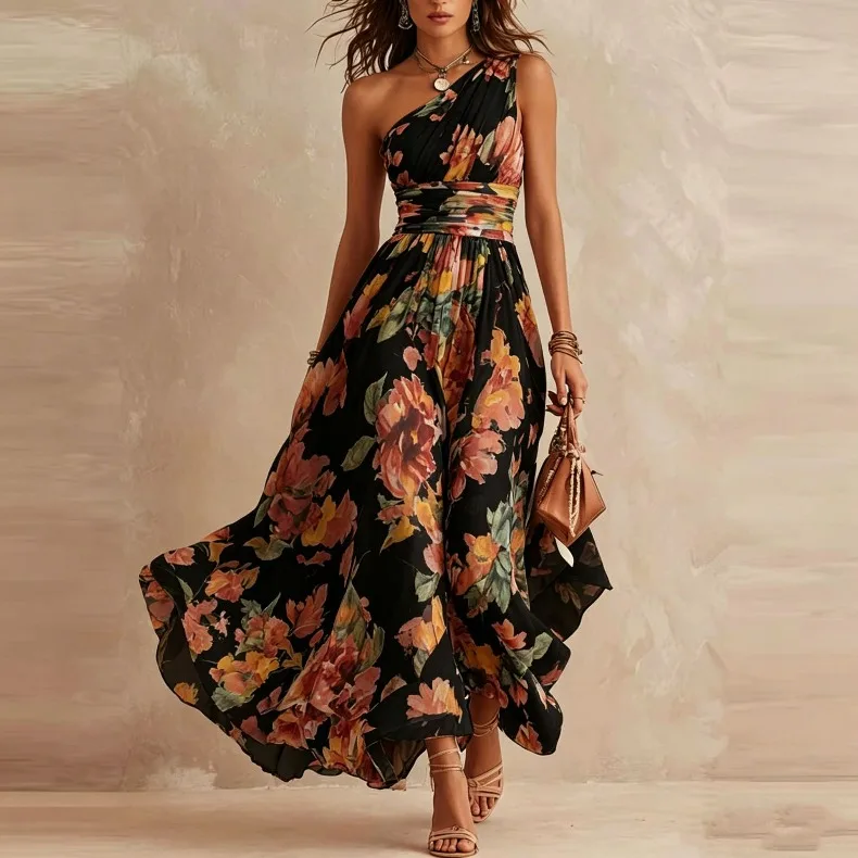 Retro bedrucktes, schulterfreies, ärmelloses A-Linien-Kleid mit Taillenbund für tägliche Partys, Geburtstage, sexy, elegantes langes Damenkleid – Detail 5