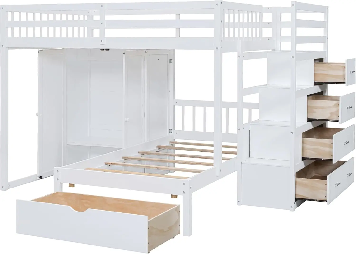سرير مزدوج بطابقين بتصميم مشرق من الكاري ، أبيض ، كامل ، سلالم وخزانة ملابس ، سرير خشبي بطابقين مع أدراج تخزين ، سرير أطفال