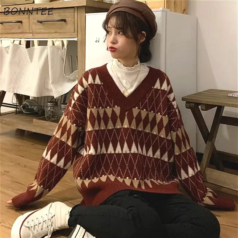 Sweaters Women Vintage Argyle Korean All-match Chic V-Neck Ladies Pullovers Student Lazy Style Popular Winter Womens Sweater New