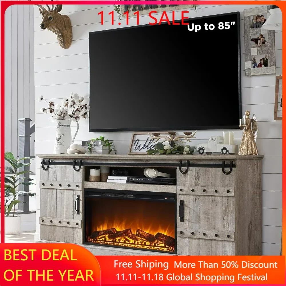 Fireplace TV Cabinet, Fireplace Stand 30 Electric Sliding Barn Doors 32 Tall Media Console Cabinet, Fireplace TV Cabinets