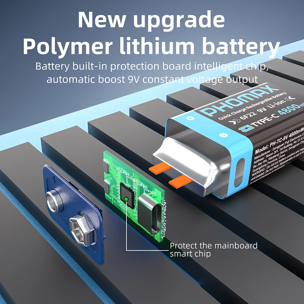 

PHOMAX 9V Li-ion Battery 4800mWh Rechargeable Batteries 6F22 With Type-c Cable For Smoke Detector Multimeter Medical Devices