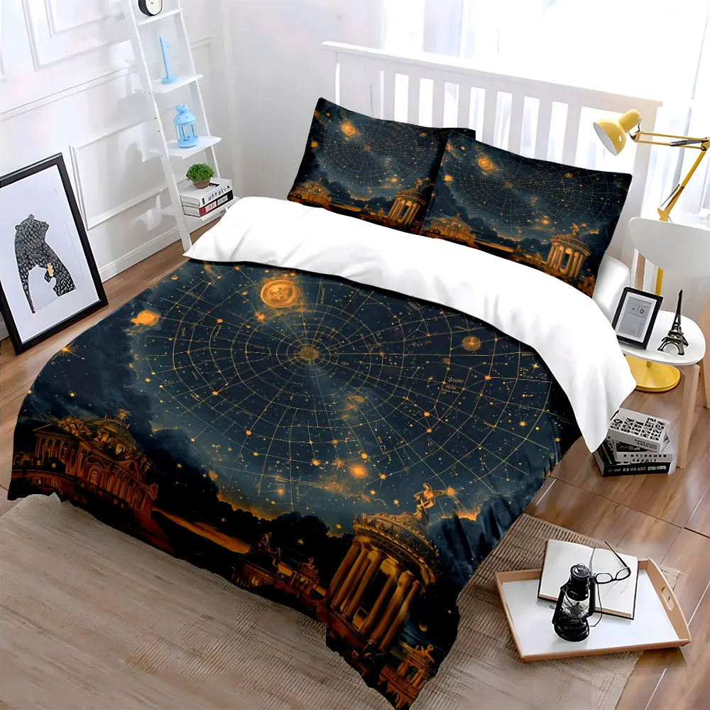 Starry Sky Architecture Art Decor Bedding Set with 1 Duvet Cover 2 Pillowcases Single Double King Queen, Gift
