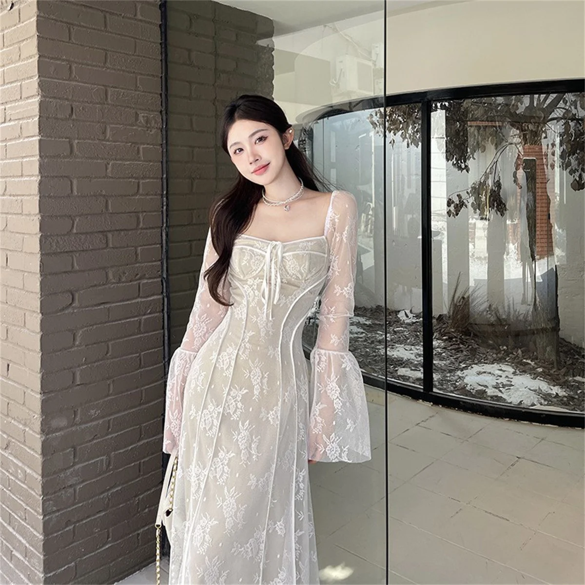 Women’s Elegant Bodycon Dress Retro Lace Long Sleeve White Dress for Spring Summer Low Cut Back Tie Dresses Slim Fit Party Wear