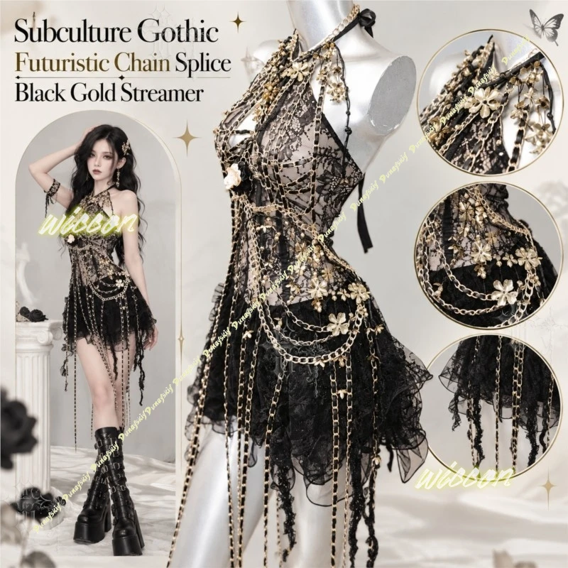 Subculture Gothic Futuristic Chain Splice Black Gold Streamer Hot Suit Cyber Sexy Women Costume Stage Photoshoot Unique Outfit