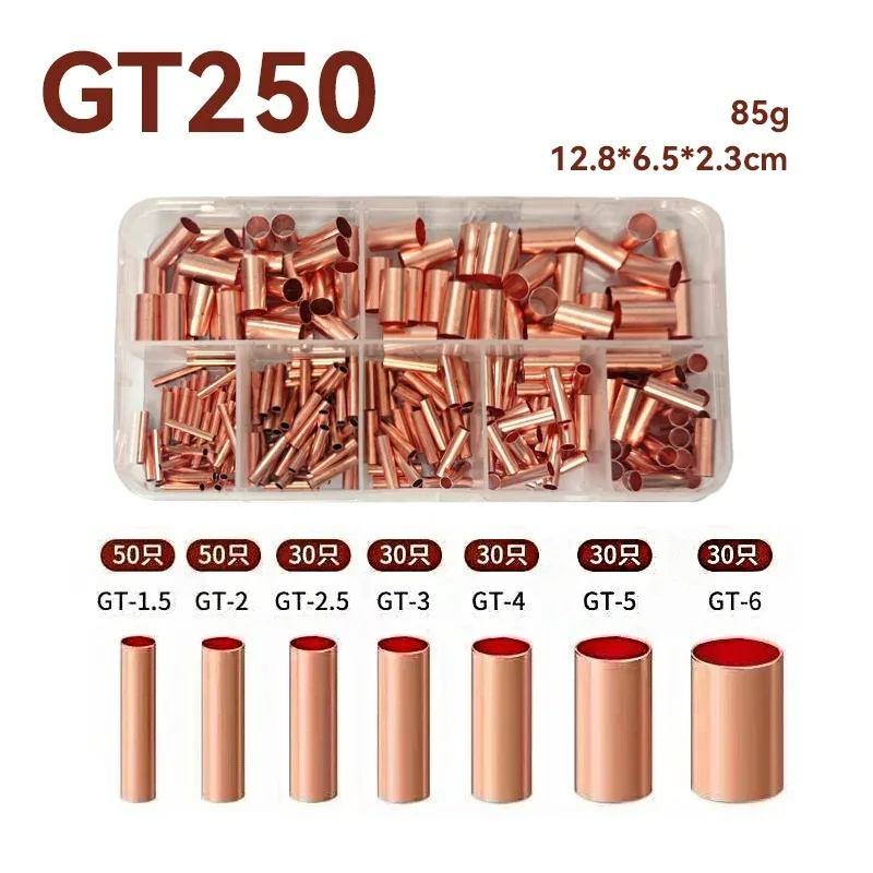 250Pcs Wire Ferrules Kit 7 Size Copper Crimp Connector Non Insulated Electrical Butt Terminal Assortment Kit