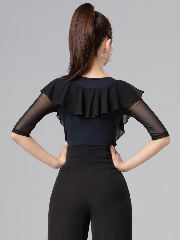 بدلة رقص لاتينية سوداء برقبة على شكل حرف v وأكمام قصيرة من قطعة واحدة زي موحد للنساء ملابس رياضية للرقص القياسية الحديثة والل...