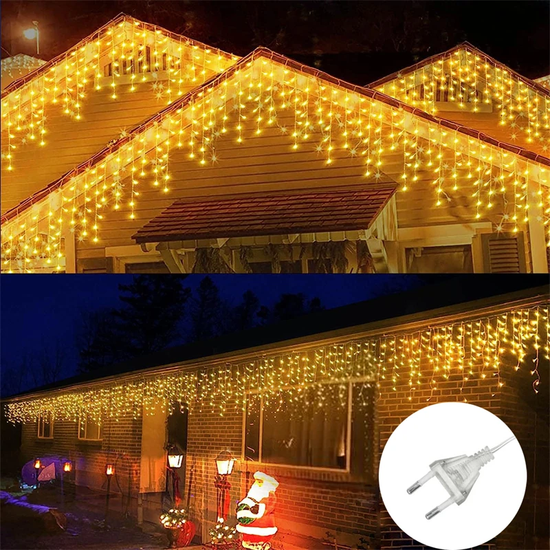 12M/8M/4M EU LED Icicle String Lights Christmas Curtain Fairy Lights Garland Remote Outdoor For Wedding Street Holiday Decor