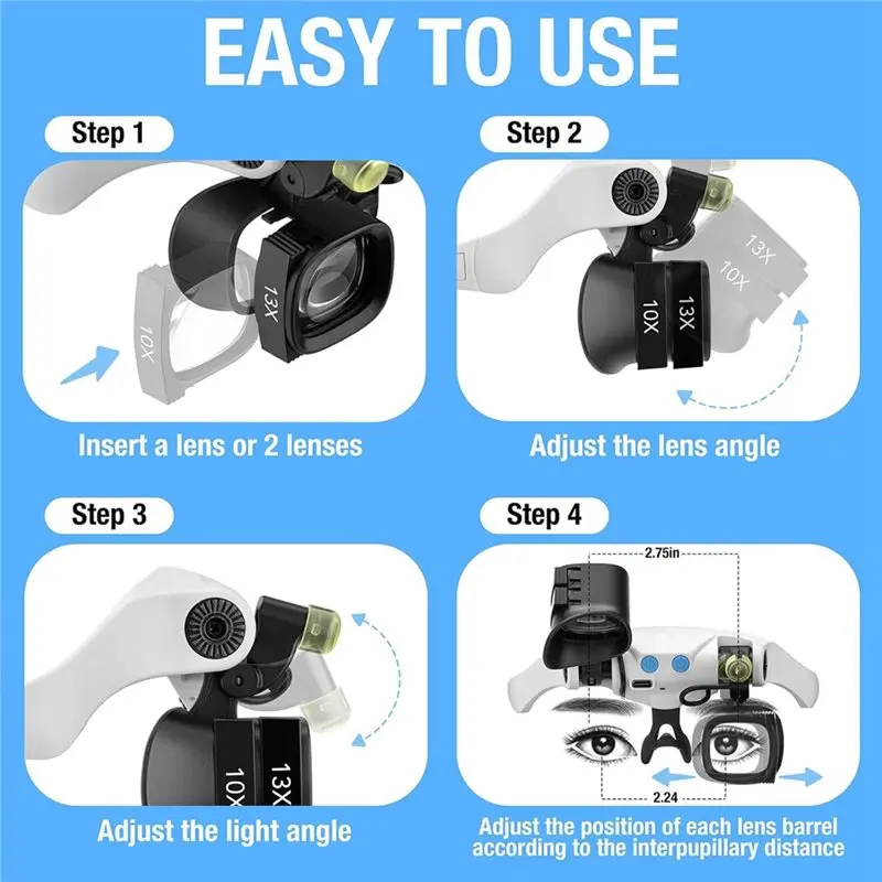 ABUP-Jewelers Magnifying Glass For Close Work, Glasses With Light& 5 Interchangeable Lens Pairs(2X 4X 6X 10X 13X), Includes Head image 6