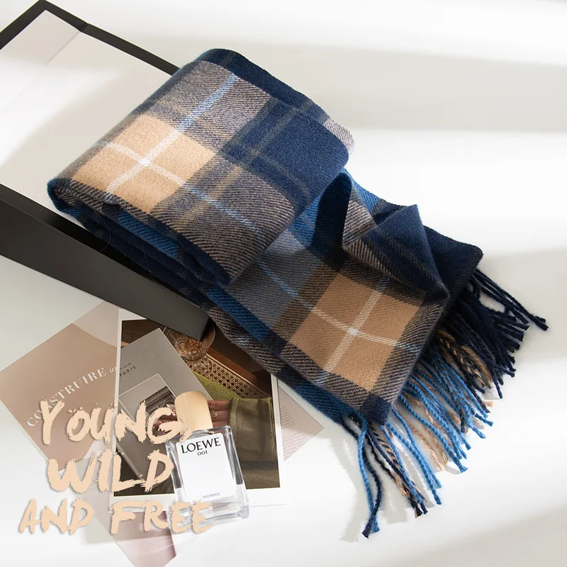 Blue Imitation Cashmere Scarf Women's High-end Versatile Thickened 2026 Autumn and Winter Warm New Plaid Scarf Dual-purpose
