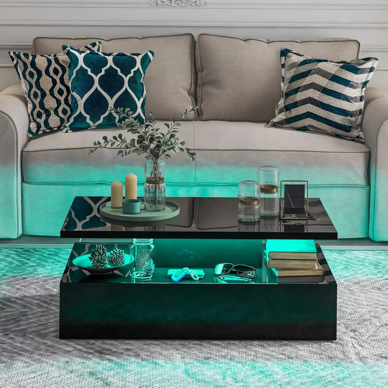 LED Coffee Table, Modern High Gloss Coffee Table, Adjustable Speed & Brightness w/ 20-Color LED Lights, Remote Control