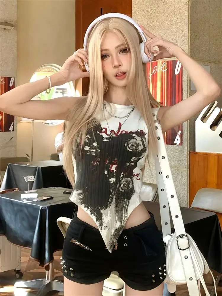Y2k Tops Sleeveless Woman Tshirts Rose Print Sleeveless Tunic Tees 2026 Ropa Mujer Fashion Casual Irregular Summer Crop T Shirt