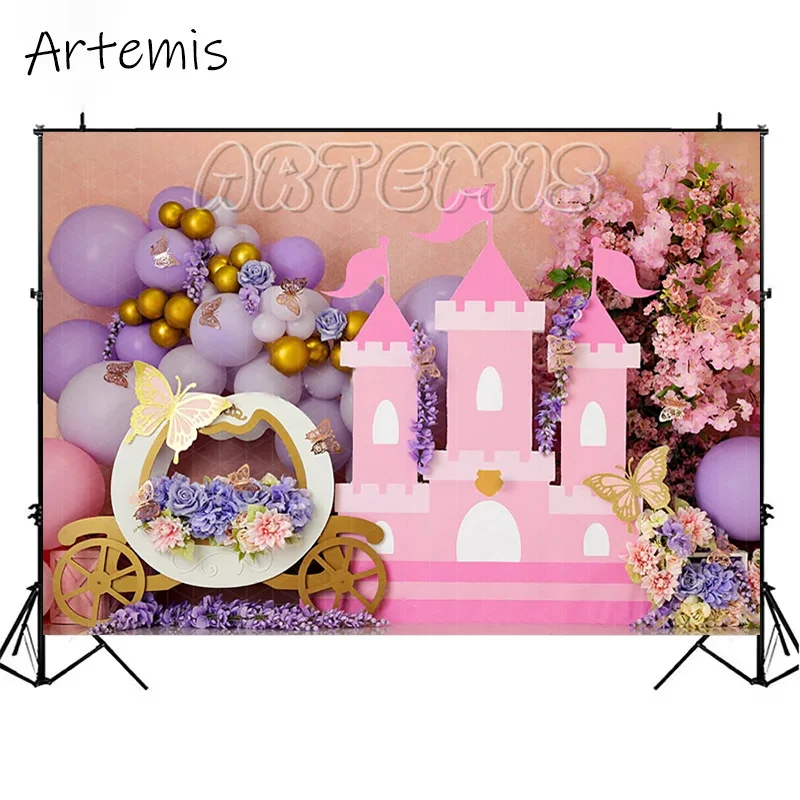 Fairy Princess Pumpkin Carriage Cake Smash Backdrops Castle Balloon Children\'s Birthday Decoration Photocall Photo Backgrounds