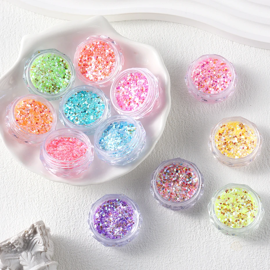 12 pçs sereia iridescente 3d prego glitter pó conjunto de cristal colorido brilhante arte do prego holográfico flocos finos hexágono lantejoulas de