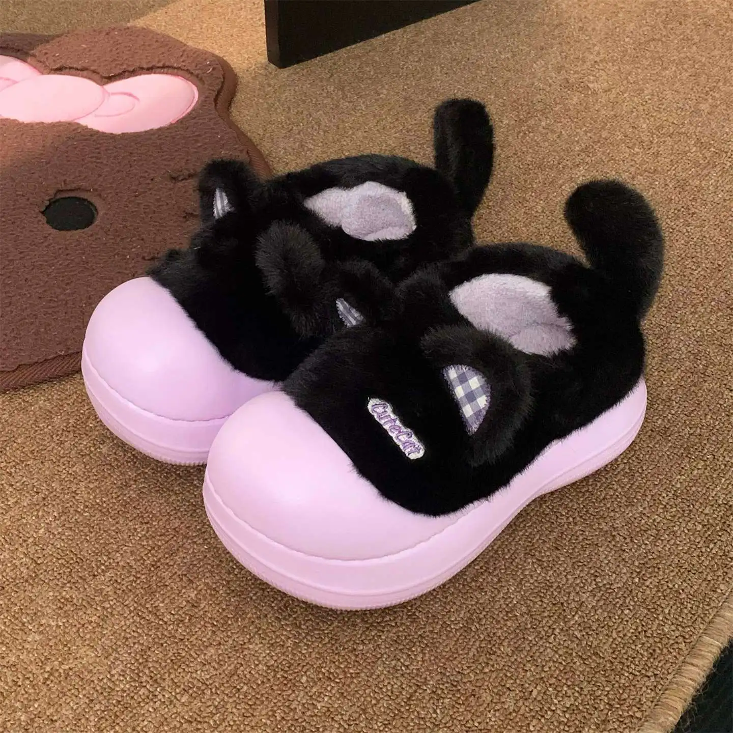 

Ladies' Thermal Bag Non-Slip Kitten-Print Cotton Slippers Indoor Outdoor Fleece-Lined Cotton Boots Winter