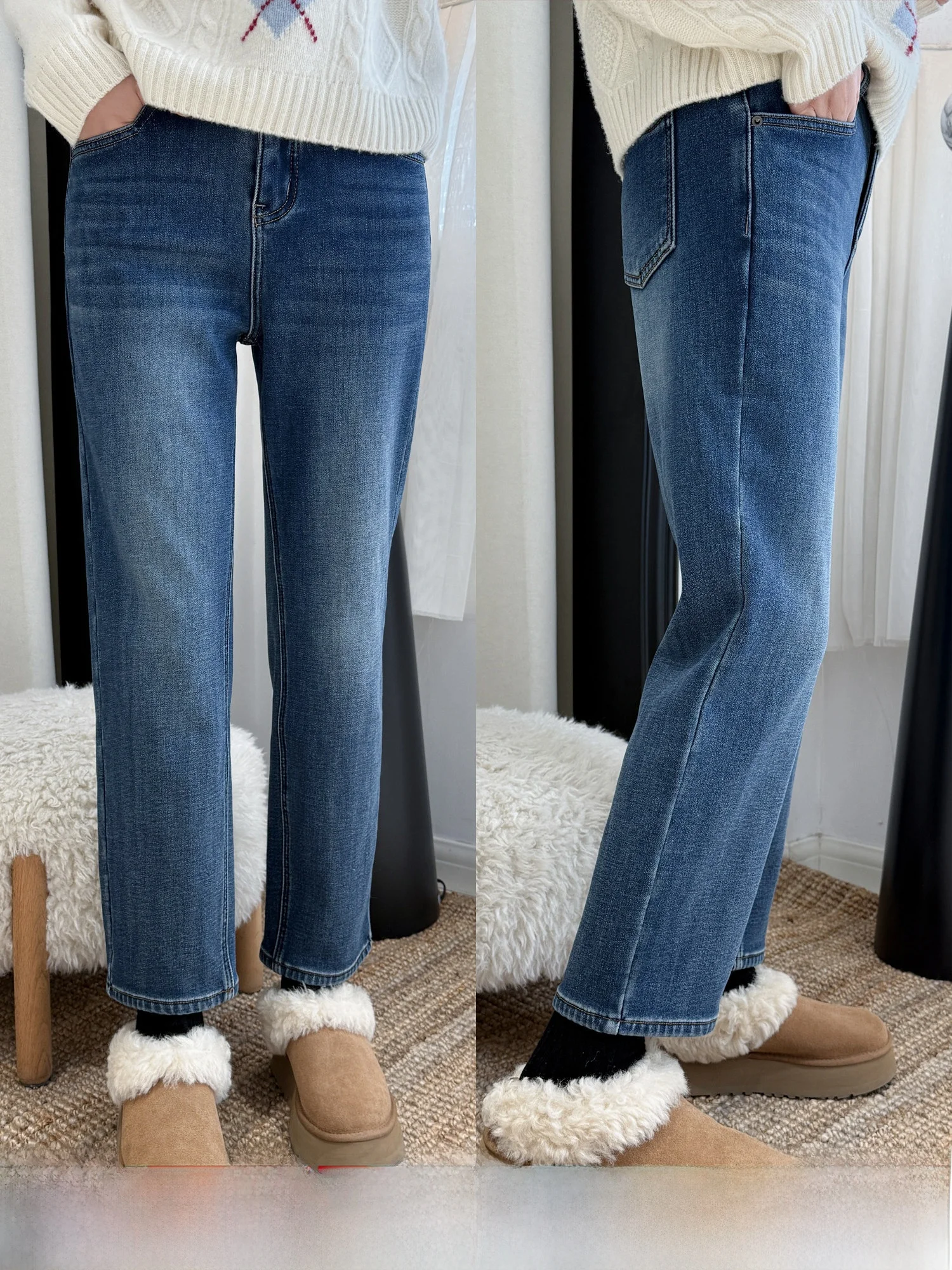 

Женские зимние джинсы Slim Fit с высокой талией, эластичные, на флисовой подкладке, прямого кроя, для повседневной носки, из хлопка, на пуговицах