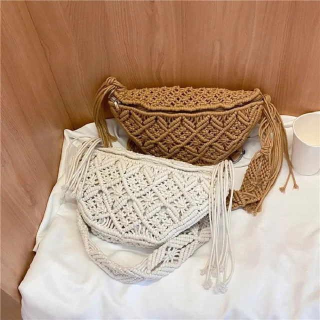 Bolso de punto de playa de verano para mujer, riñonera bohemia, bolso de cintura de ganchillo de estilo étnico a la moda, bolso de hombro tejido para exteriores 2024