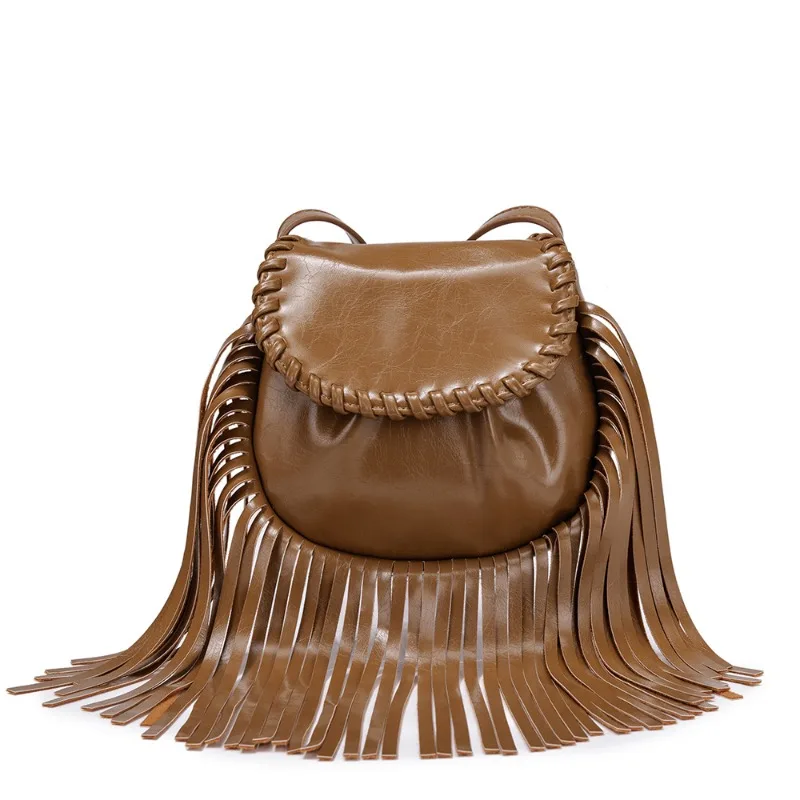 

Long Fringed Design Women's Saddle Crossbody Bag with Adjustable Strap Vintage Soft Pleated Pu Leather Small Shoulder Bag 2026