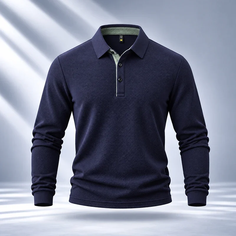 Turn Down Collar Mens Polo Long Sleeve Shirt Fine Workmanship Durable Stitching For Business Travel Activities