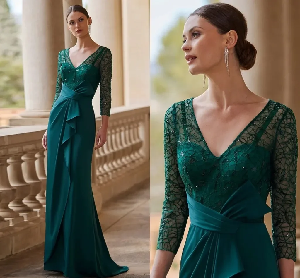 

Green Long Mother of The Bride Dress V-neck 3/4 Sleeve Sequined Lace Mermaid Wedding Guest Party Gowns with Bow Robe De Soriee