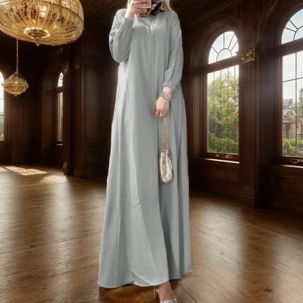 Fashion Loose Spring Summer Female Solid Full Sleeve O-neck Casual Dress Women Bohemian Long Dress Woman Muslim Maxi Dresses