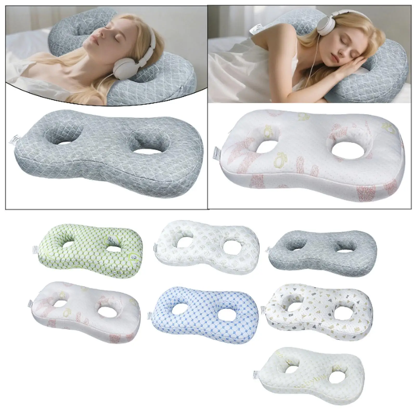 Ear Piercing Pillow Guard Protector Neck Head Support with 2 Holes for Piercings Earplugs Headphones wearing Earrings Relaxation