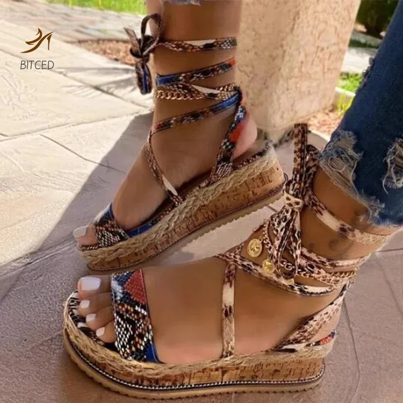 Women Sandals Summer Snake Wedge Shoes Ethnic Print Fashion Casual Lace Up Women Shoes Beach Ladies Plus Size Shoes Sandals