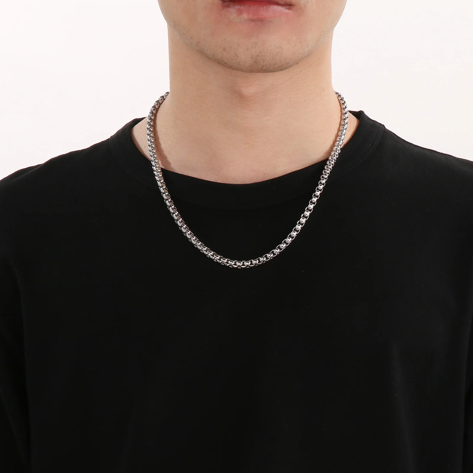 Fongten Versatile Stainless Steel Square Pearl Chain Stylish Men's Hip Hop Necklace Jewelry Party Birthday Couple Gifts
