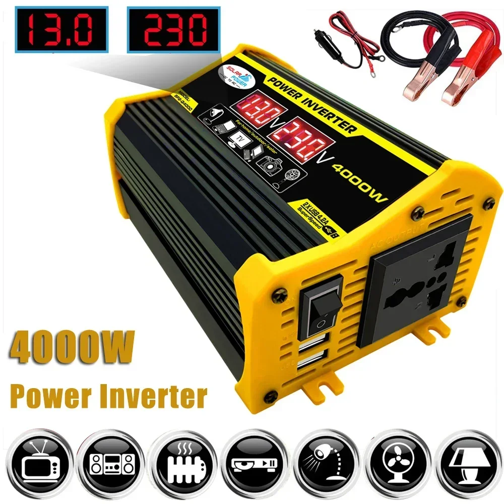 4000W Universal Power Inverter Modified Sine Wave 12V to 110V 220V Outdoor Electronic Charging Converter with 2 USB Fast Charge