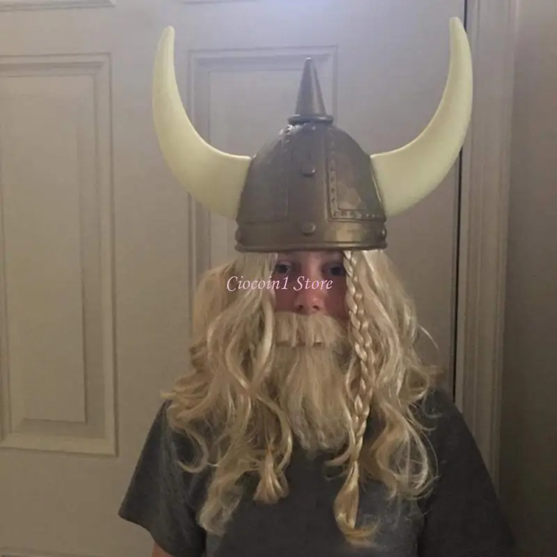 Y1UB VikingHelmet Hat with Horn Halloween Cosplay Parties Props Costume Hat Theater Drama Sallet School Play Medieval Headgea
