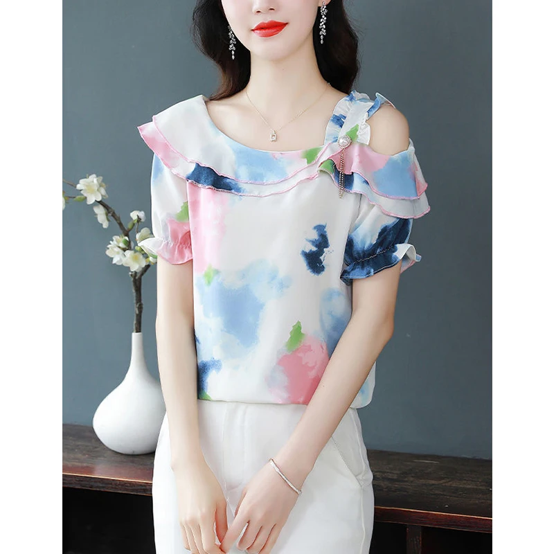 Summer Elegant Fashion Ruffles Hollow Out Chiffon Blouse Female Loose Casual All-match Vintage Blouse Women Short Sleeve Shirt