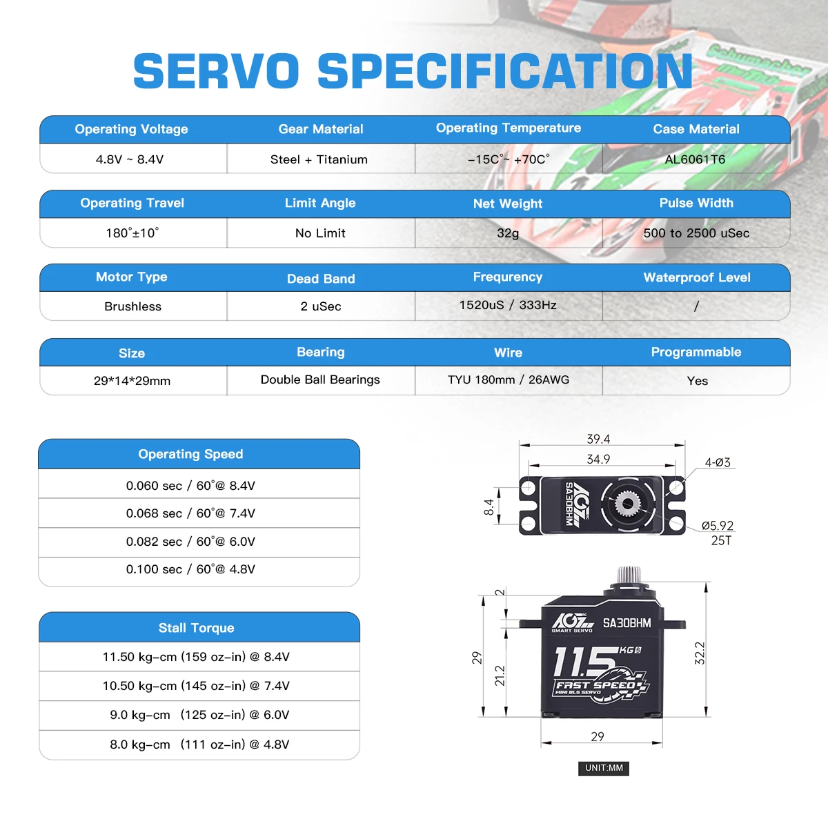 AGFRC SA30BHM 11.5KG HV High Speed Programmable Motor Brushless Mini Smart Steering RC Servo for 1/12 1/16 RC Car Rock Crawler