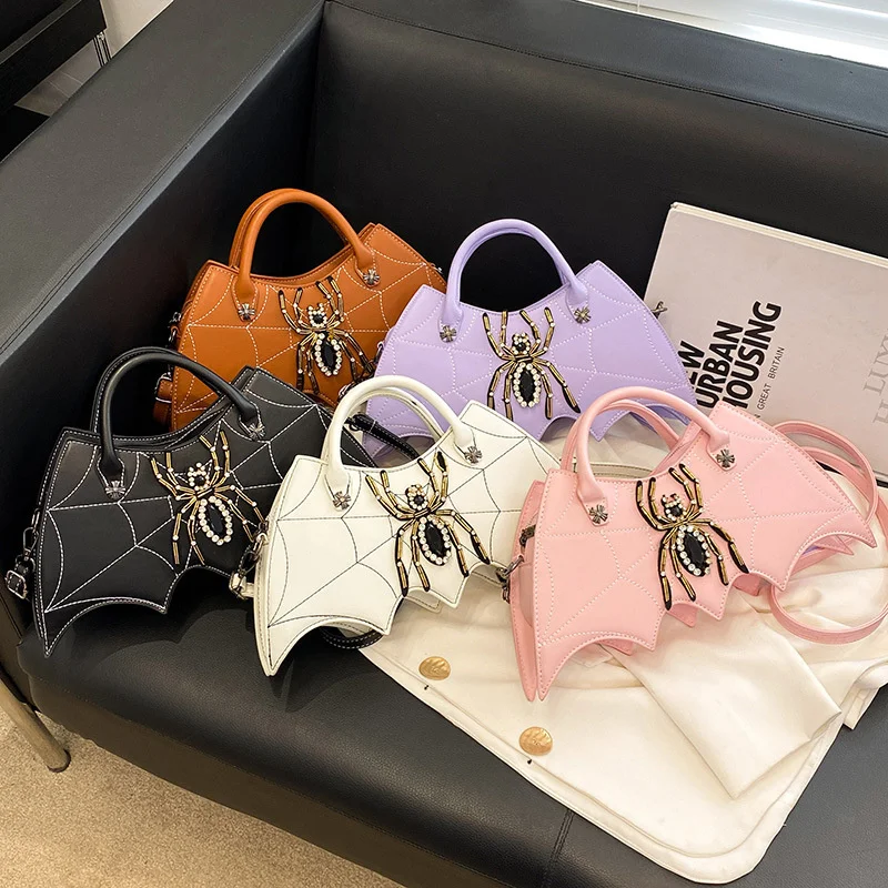 Halloween Bat Shaped Spider Embroidered Diamond Tote Bag PU Leather Cross Body Shoulder Bag Large Capacity Women Fun Handbags