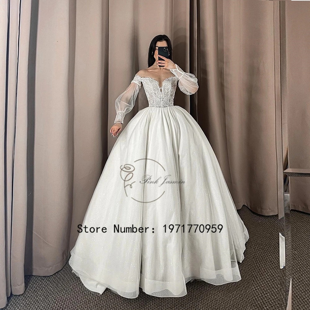 

V Neck Princess Glitter White Wedding Dresses For Women Gorgeous Simple Full Sleeves Court Train Bridal Gowns Robe De Mariée