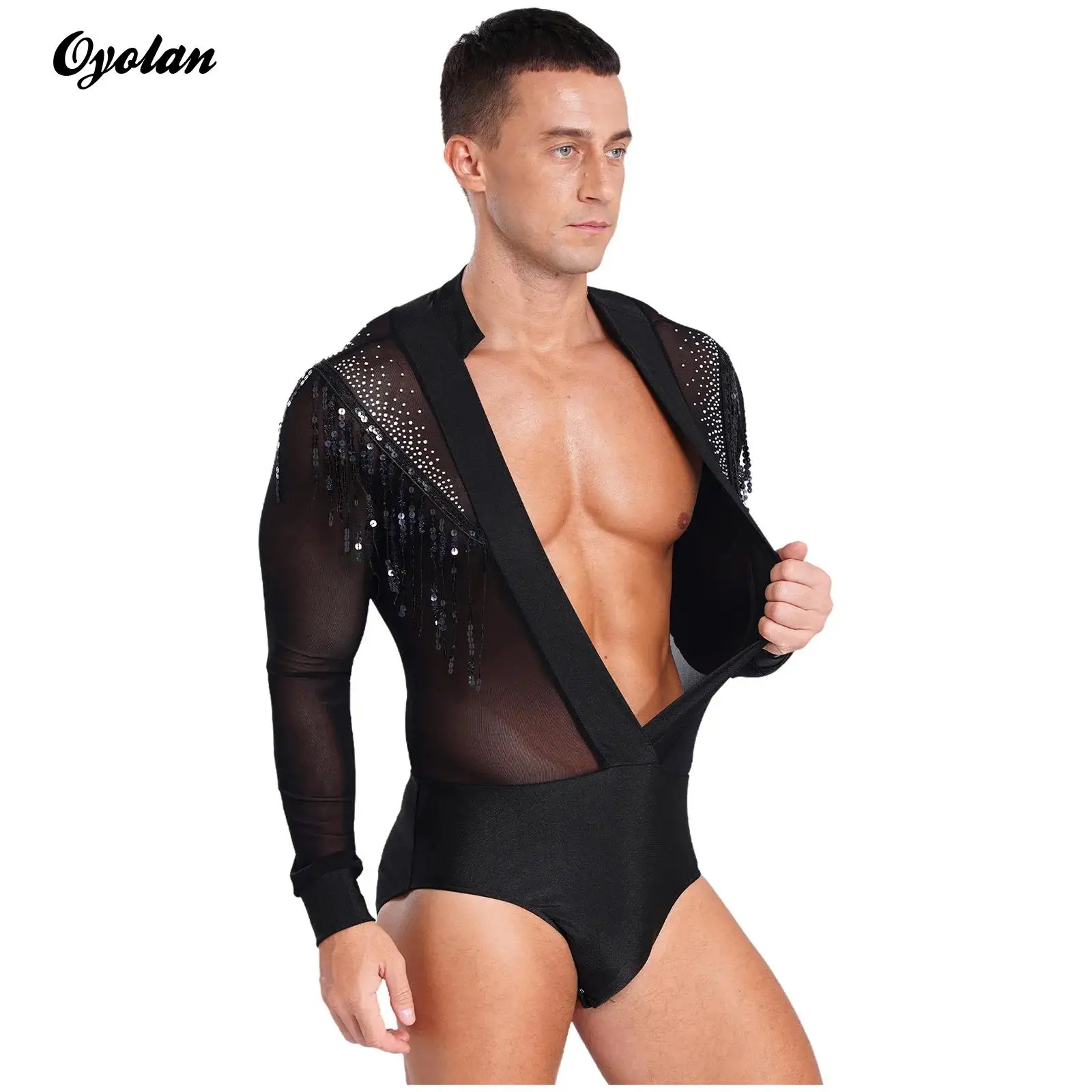 

Mens Latin Salsa Dance Performance Leotard Costume Deep V-neck Sheer Mesh Sequined Tassels Rhinestones Bodysuit Shirts Tops