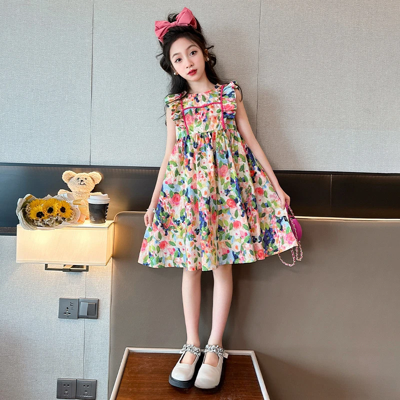 

Girls Dress Summer and Spring Dress 2023 New Kid Foreign Style Floral Skirt Big Child Fried Street Princess Skirt Girl Skirt