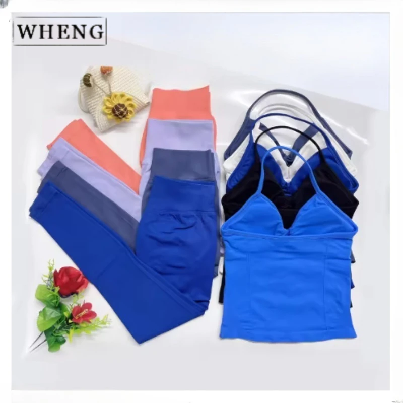 

WHENG 2 Pieces Set Leggings Set Women Backless Tank Tops High Waist Scrunch Gym Suit Fitness Clothes Outfit Workout Yoga Set