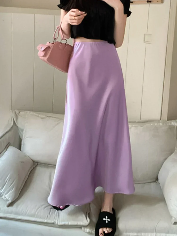 Elegant Women\'s Skirts High Waist Silk Satin A-line Skirt Lady Fashion Solid Color Purple Long Skirts for Women Fashion 2024